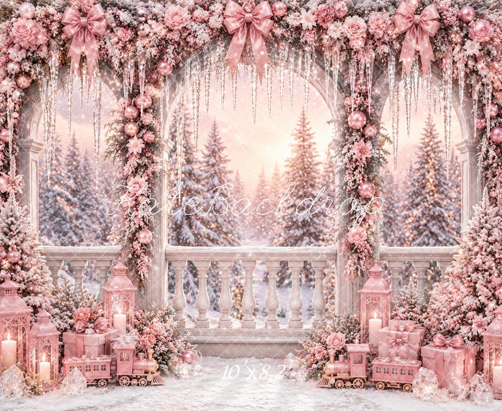 Kate Christmas Pink Flower Arch Terrace Snow Printed Backdrop Designed by Ashley Paul