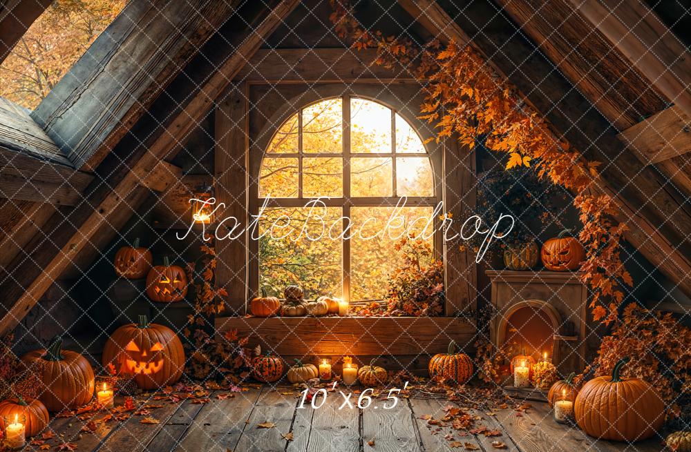 Kate Halloween Attic Arched Window Pumpkins Candles Backdrop Designed by Emetselch