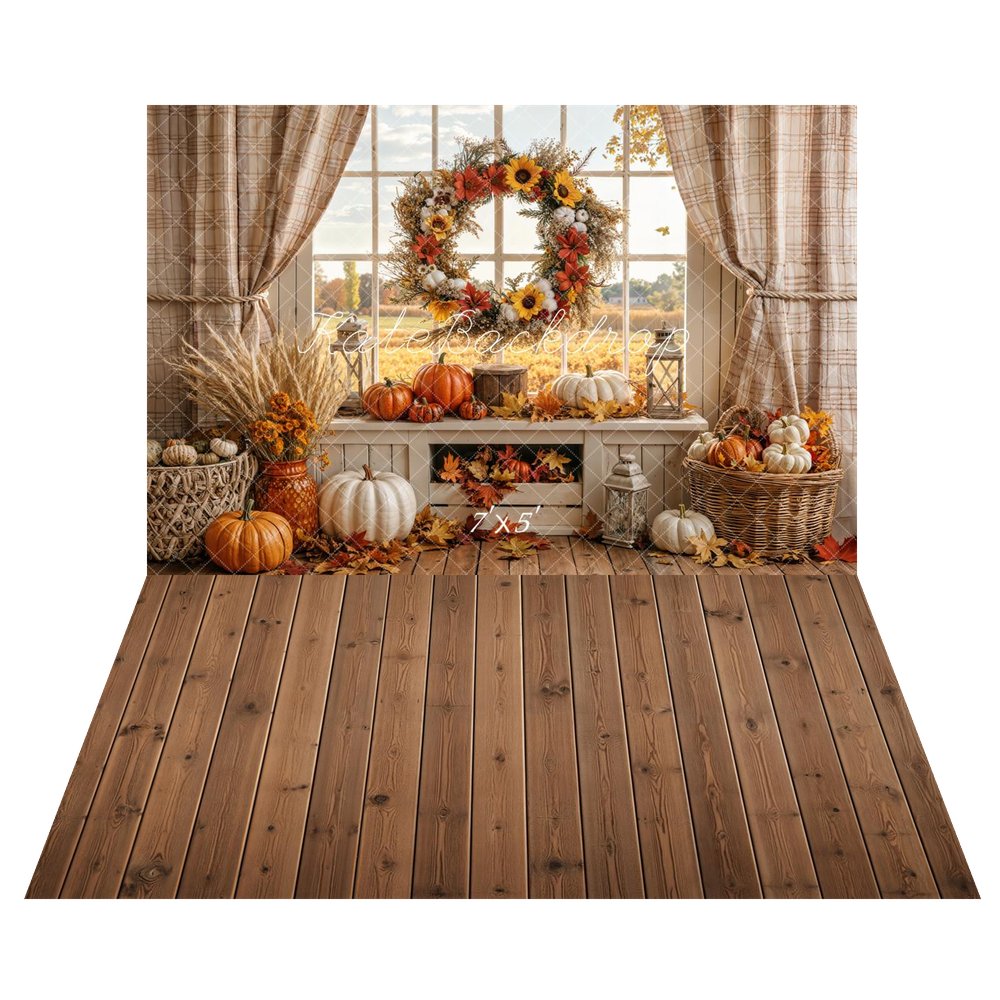 Kate Fall Rustic Pumpkin Wreath Window Printed Backdrop+Brown Wooden Plank Retro Floor Printed Backdrop