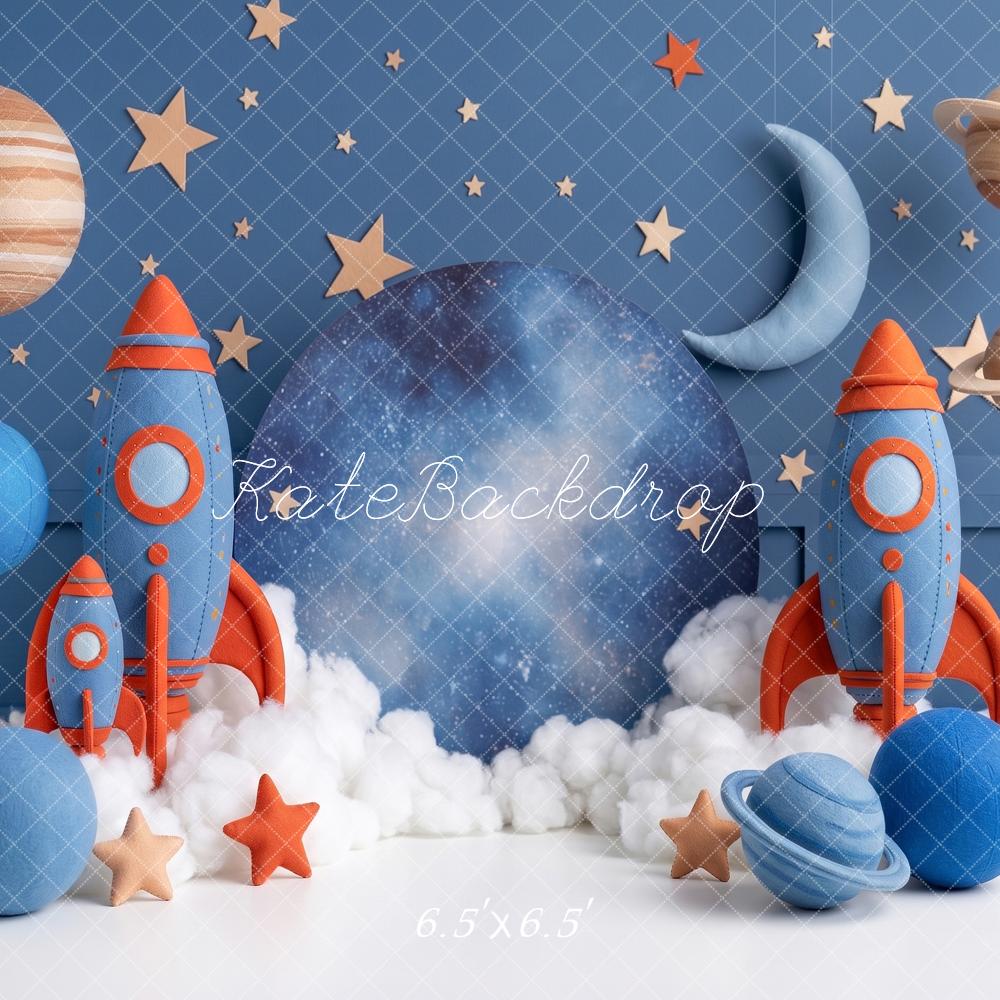 Kate Birthday Boys Space Rockets Planets Moon Printed Backdrop Designed by Angela Miller