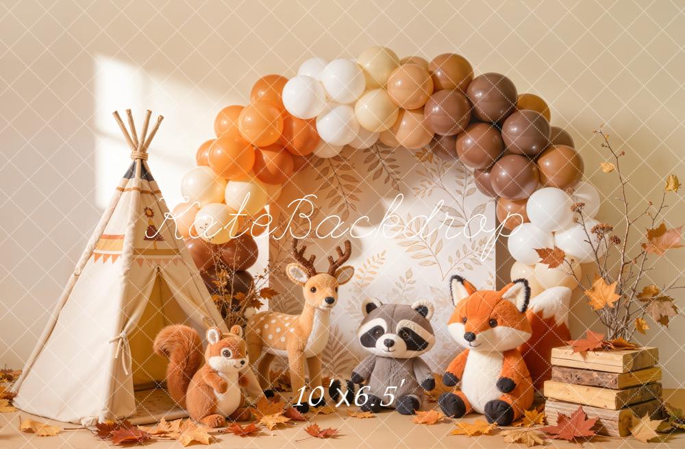 Kate Cake Smash Fall Woodland Balloon Arch Teepee Animals Printed Backdrop Designed by Emetselch