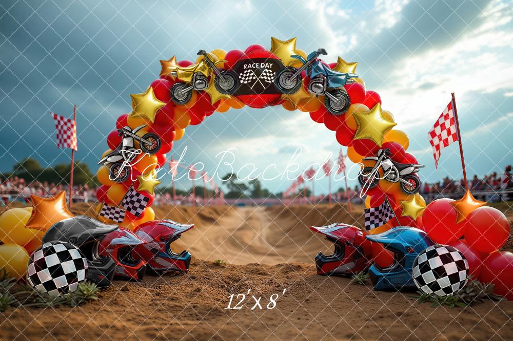 Kate Cake Smash Race Day Motorcycle Balloon Arch Checkered Flags Printed Backdrop Designed by Laura Bybee