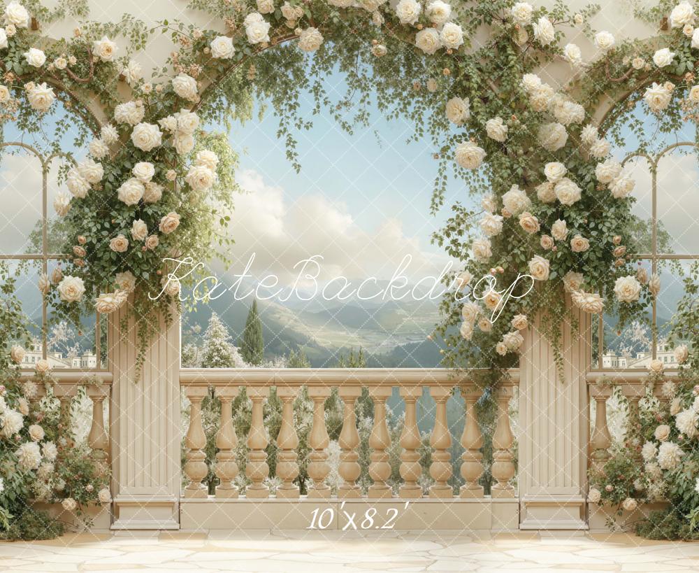 Kate Summer Flower Arch Elegant Balcony Printed Backdrop Designed by Emetselch