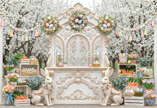 Kate Easter Bunny Pastel Eggs Floral Arch Garden Printed Backdrop Designed by Mini MakeBelieve