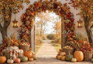 Kate Fall Flower Arch Pumpkin Baskets Garden Path Printed Backdrop Designed by Emetselch