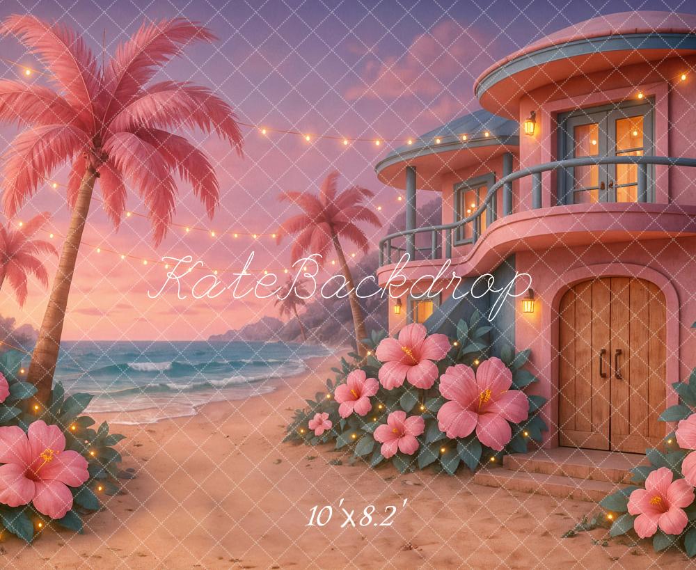 Kate Beach Tropical Sunset House Pink Backdrop Designed by Ashley Paul