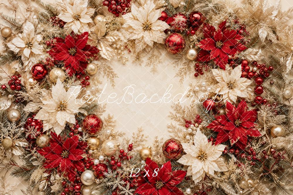 Kate Christmas Red Gold Poinsettia Wreath Ornaments Printed Backdrop Designed by Megan Leigh Photography
