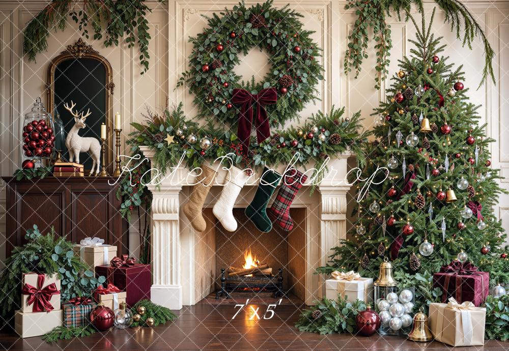 Kate Christmas Tree Fireplace Botanical Wreath Stockings Printed Backdrop Designed by Mini MakeBelieve