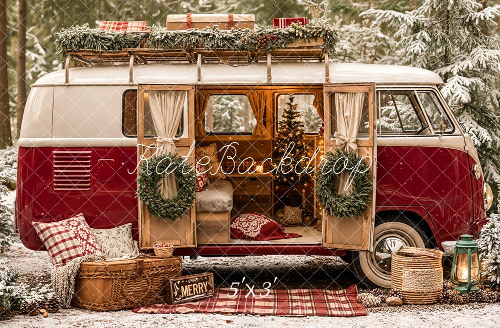 Kate Christmas Red Vintage Van Forest Snow Backdrop Designed by Emetselch