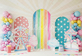 Kate Cake Smash Carnival Ferris Wheel Carousel Rainbow Balloons Printed Backdrop Designed by Patty Roberts