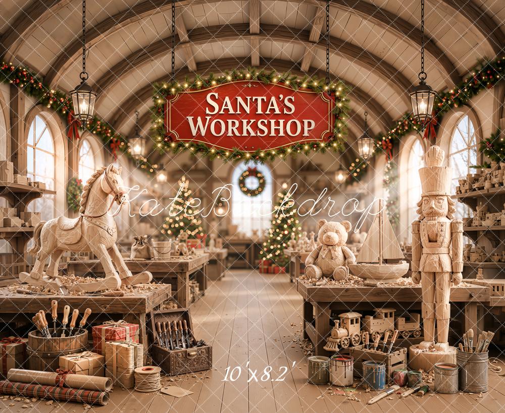 Kate Christmas Santa Workshop Wooden Toys Nutcracker Printed Backdrop Designed by Emetselch