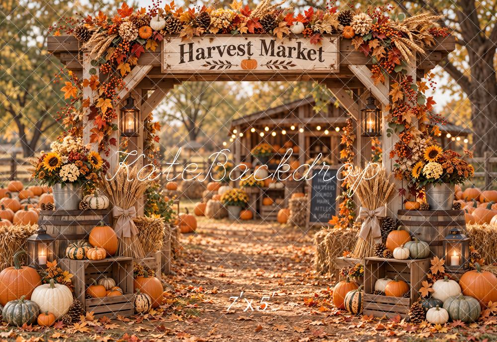 Kate Fall Harvest Market Arch Pumpkins Cabin Printed Backdrop Designed by Emetselch