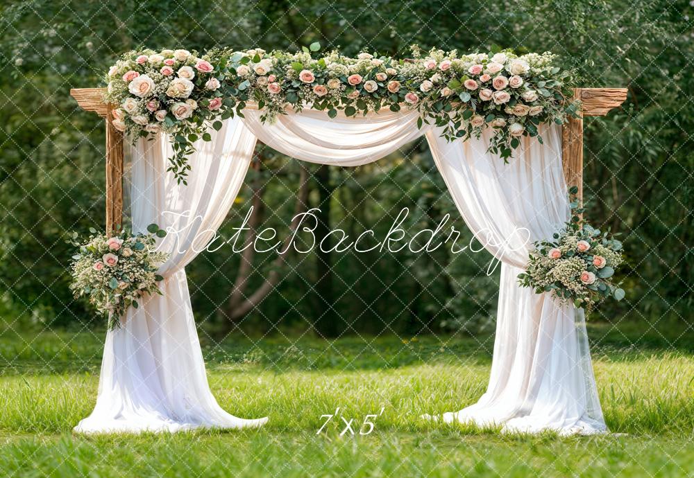 Kate Spring Floral Arch White Drapes Greenery Backdrop Designed by Chain Photography