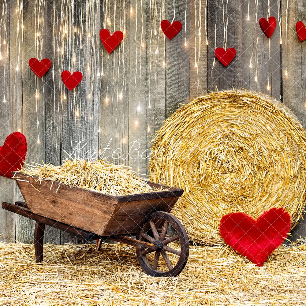 Kate Valentine's Day Hay Bale Wheelbarrow Hearts Printed Backdrop Designed by Fantasyphotoart