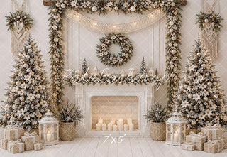 Kate Christmas Fireplace Boho Poinsettia Garland White Trees Gifts Printed Backdrop Designed by Emetselch