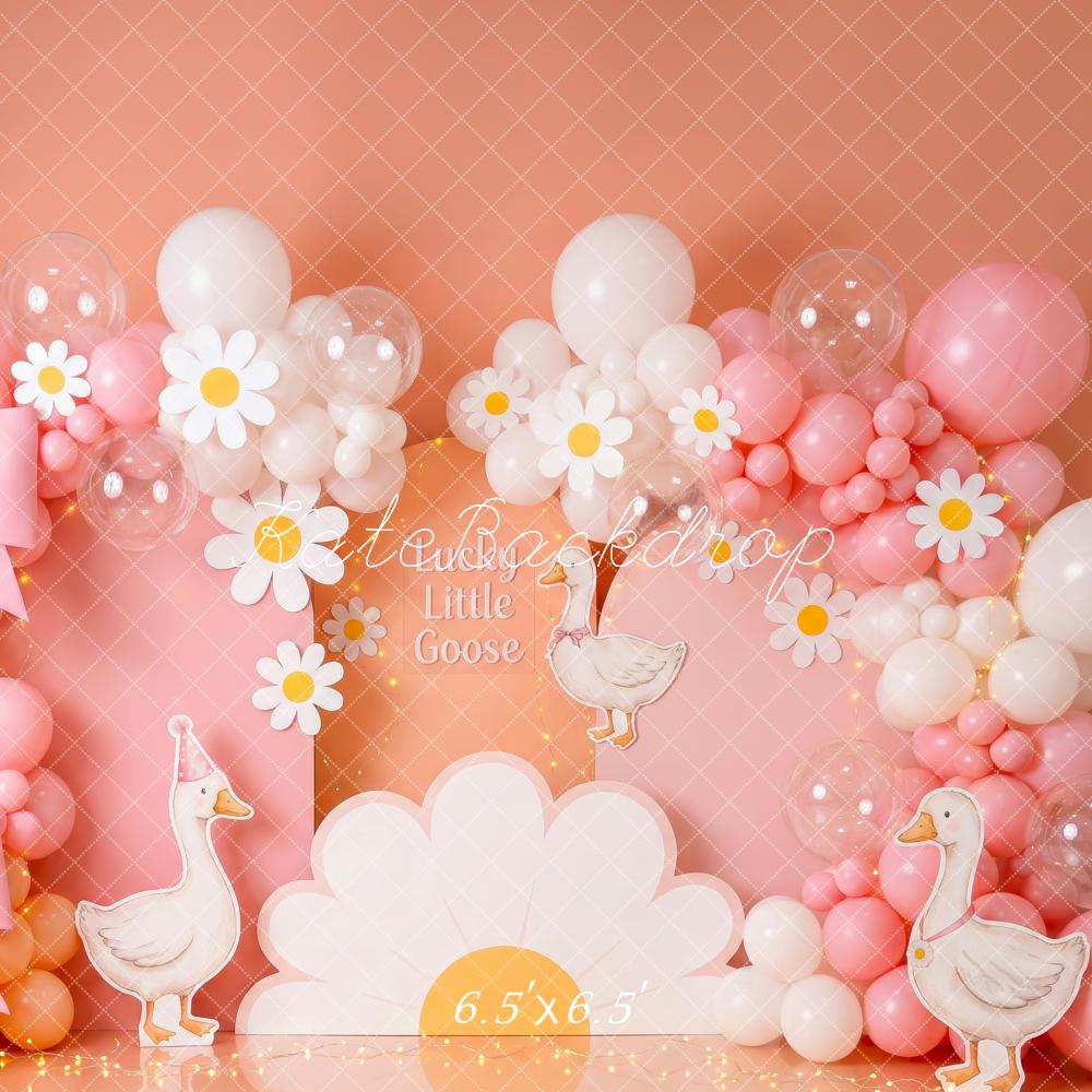 Kate Cake Smash Pink Daisy Balloons Silly Goose Bows Printed Backdrop Designed by Patty Roberts