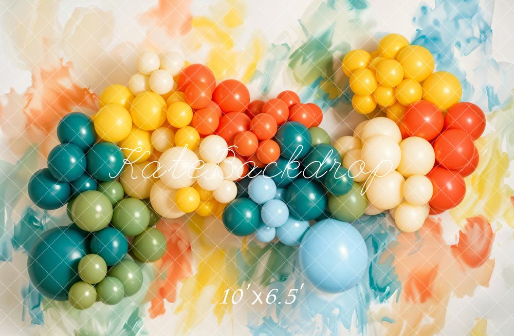 Kate Cake Smash Colorful Balloon Garland Paint Printed Backdrop Designed by Emetselch