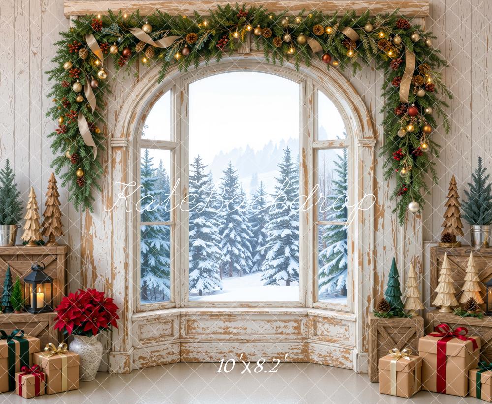 Kate Christmas Vintage Window Garland Gifts Snowy Forest Printed Backdrop Designed by Mini MakeBelieve