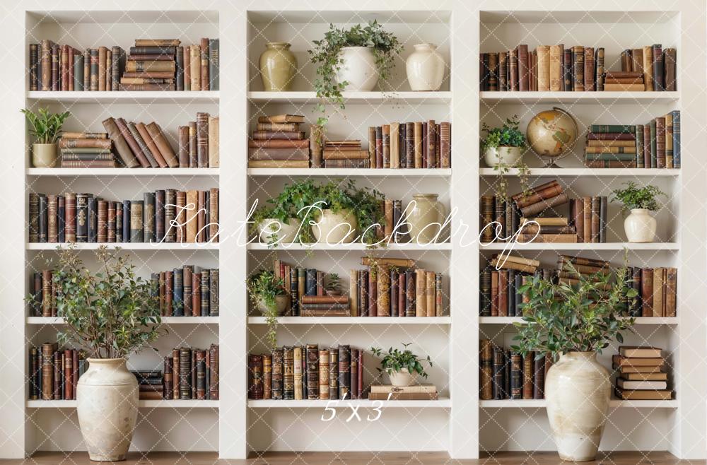 Kate Bookshelf White Shelves Books Plants Vases Printed Backdrop Designed by Emetselch