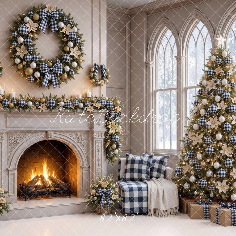 Kate Christmas Fireplace Plaid Wreath Tree Window Printed Backdrop Designed by Mini MakeBelieve