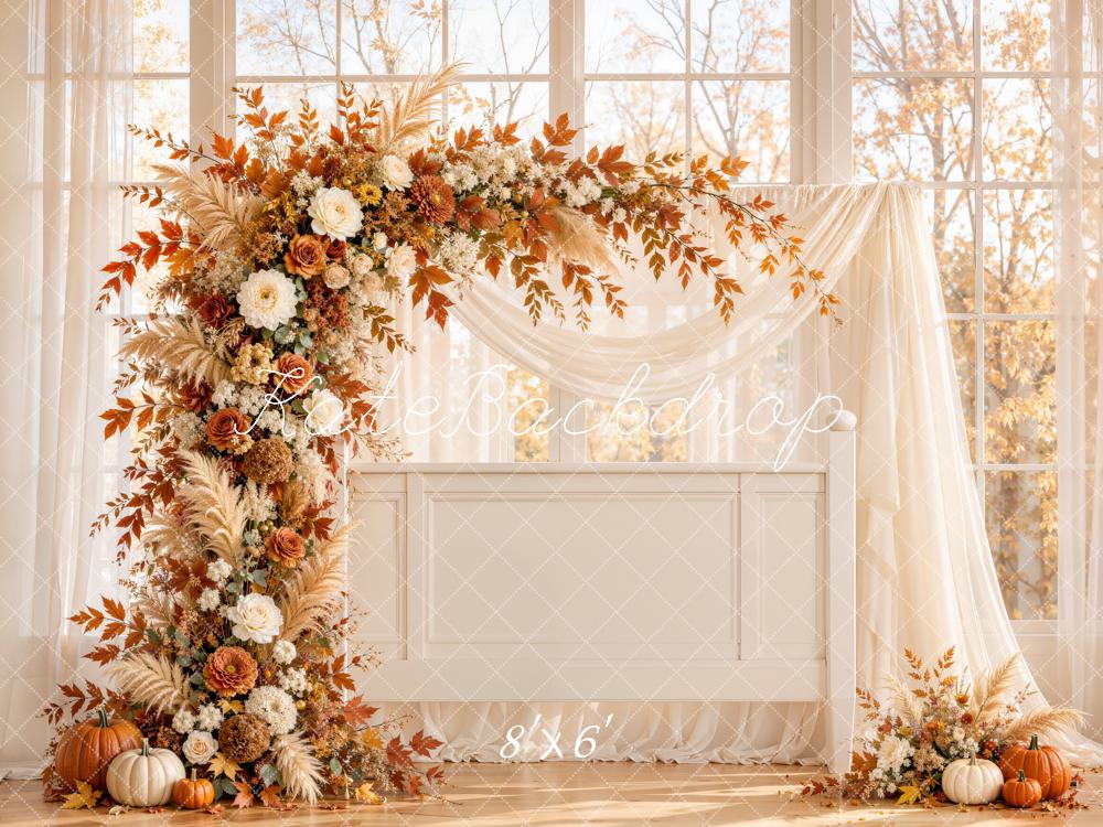 Kate Fall Wedding Flower Arch Pumpkins Printed Backdrop Designed by Emetselch