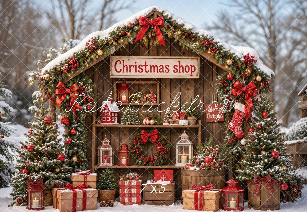 Kate Christmas Shop Rustic Cabin Snowy Trees Gifts Forest Printed Backdrop Designed by Emetselch