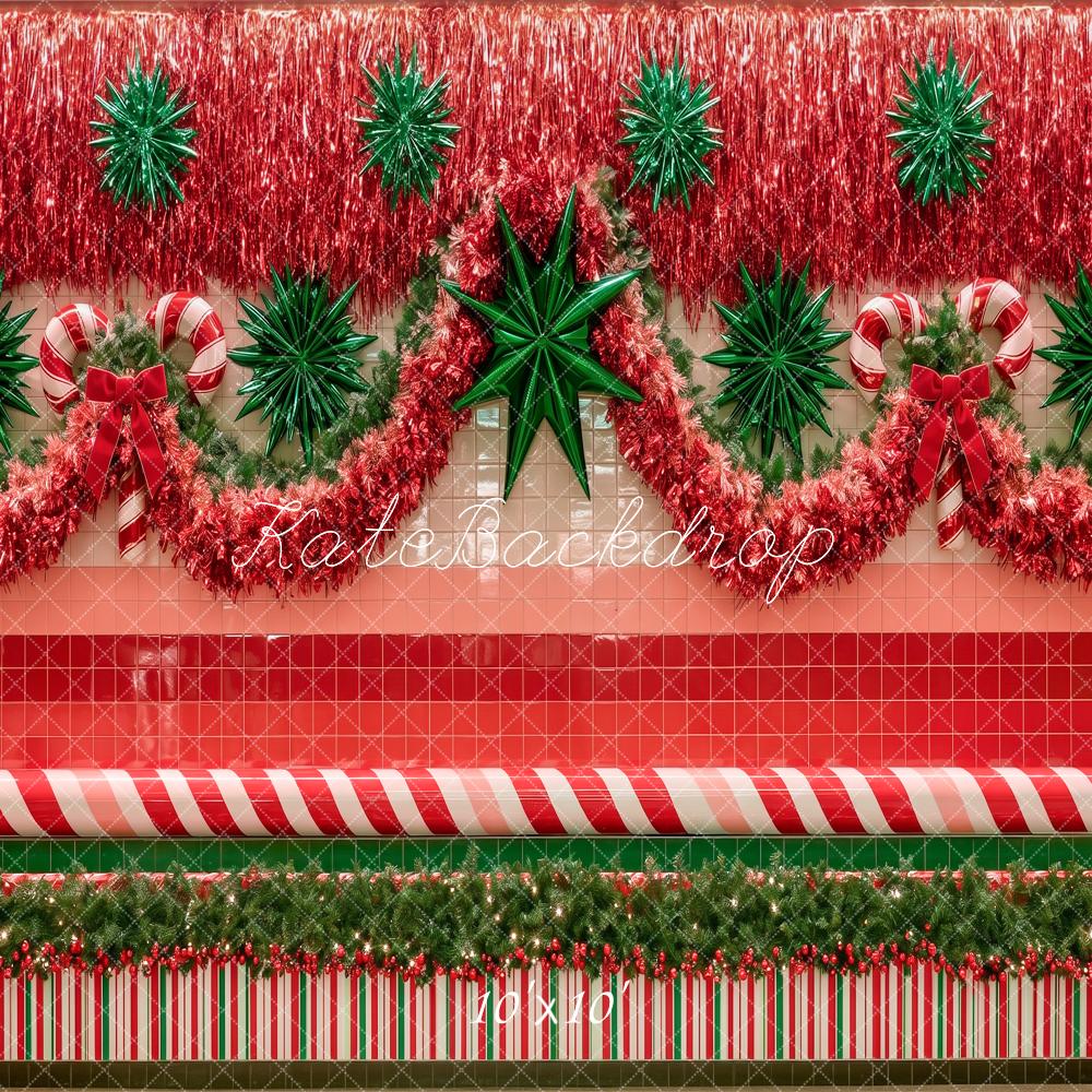 Kate 80's Mall Wall Christmas Tinsel Candy Cane Garland Printed Backdrop Designed by Angela Miller