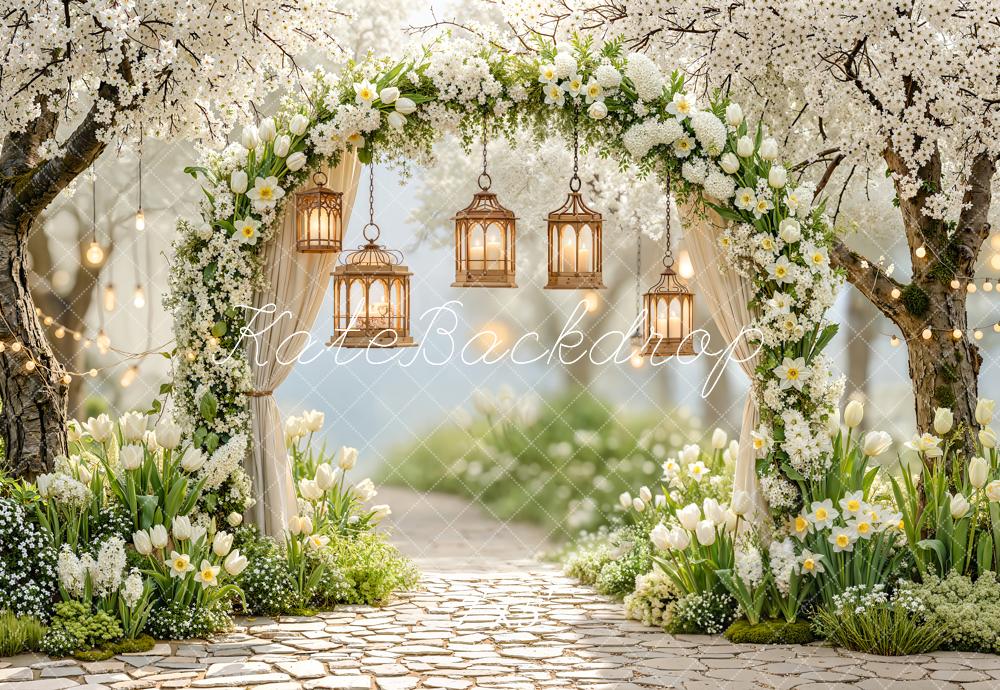 Kate Spring Flower Arch White Blossoms Lanterns Pathway Backdrop Designed by Emetselch