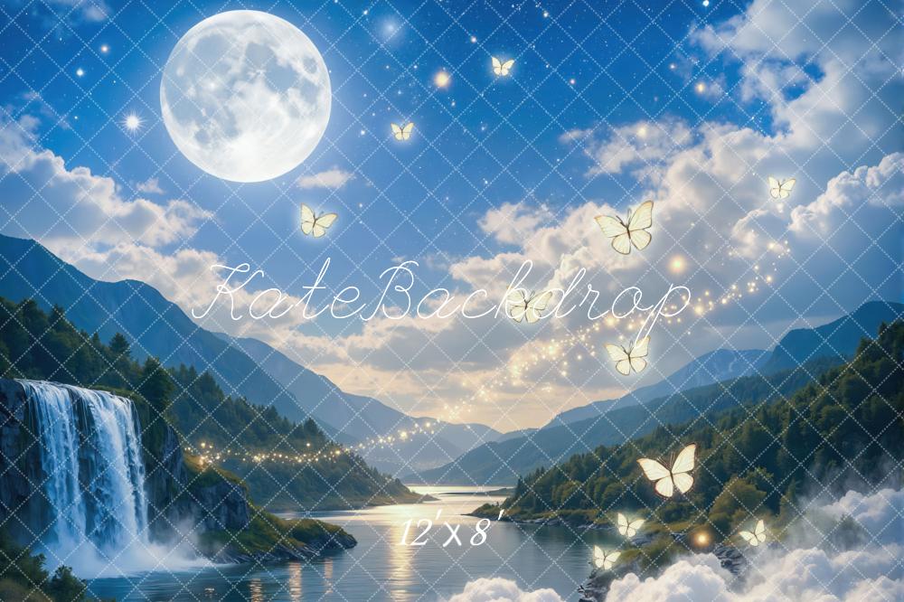 Kate Fairy Fantasy Moonlight Waterfall Butterflies Printed Backdrop Designed by Mini MakeBelieve