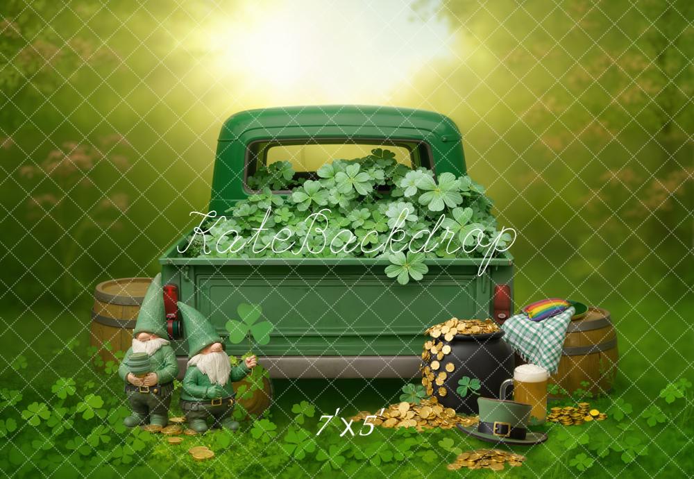 Kate St. Patrick's Day Shamrock Green Truck Gnomes Gold Coins Backdrop Designed by Emetselch
