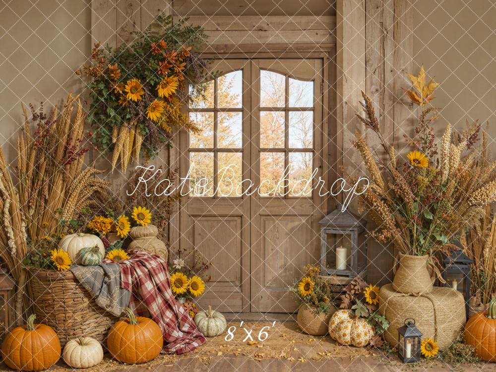 Kate Fall Rustic Door Pumpkin Sunflower Harvest Backdrop Designed by Emetselch