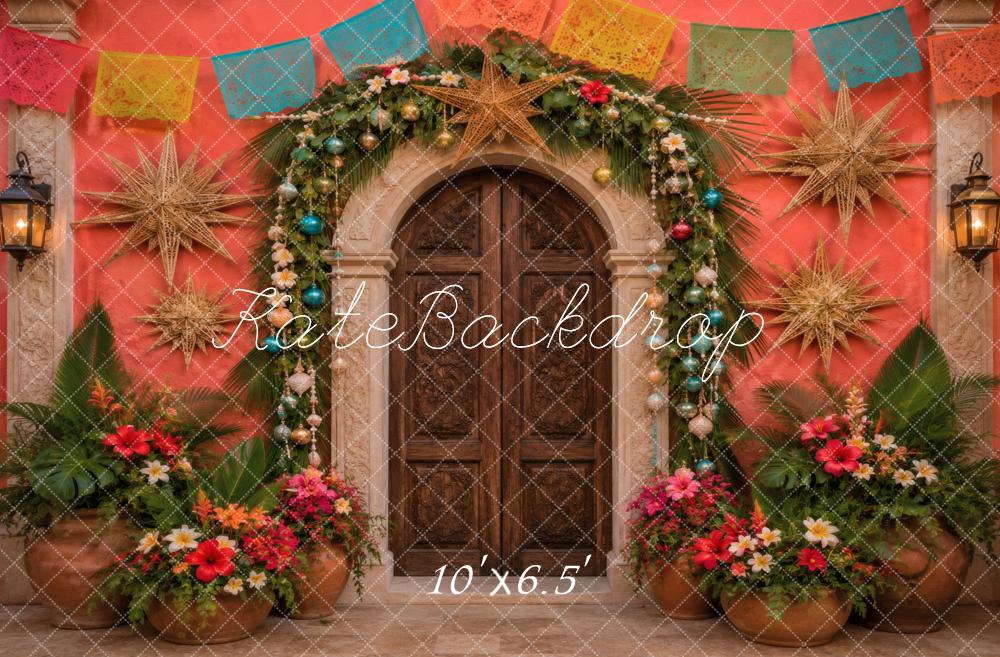Kate Mexican Christmas Red Arched Door Garland Stars Printed Backdrop Designed by Vertigo Productions