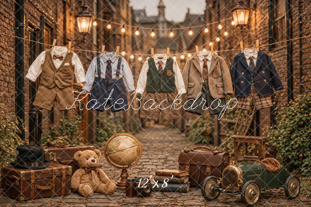 Kate Vintage Alleyway Boys Outfits Teddy Bear Suitcases Toy Car Printed Backdrop Designed by Emetselch
