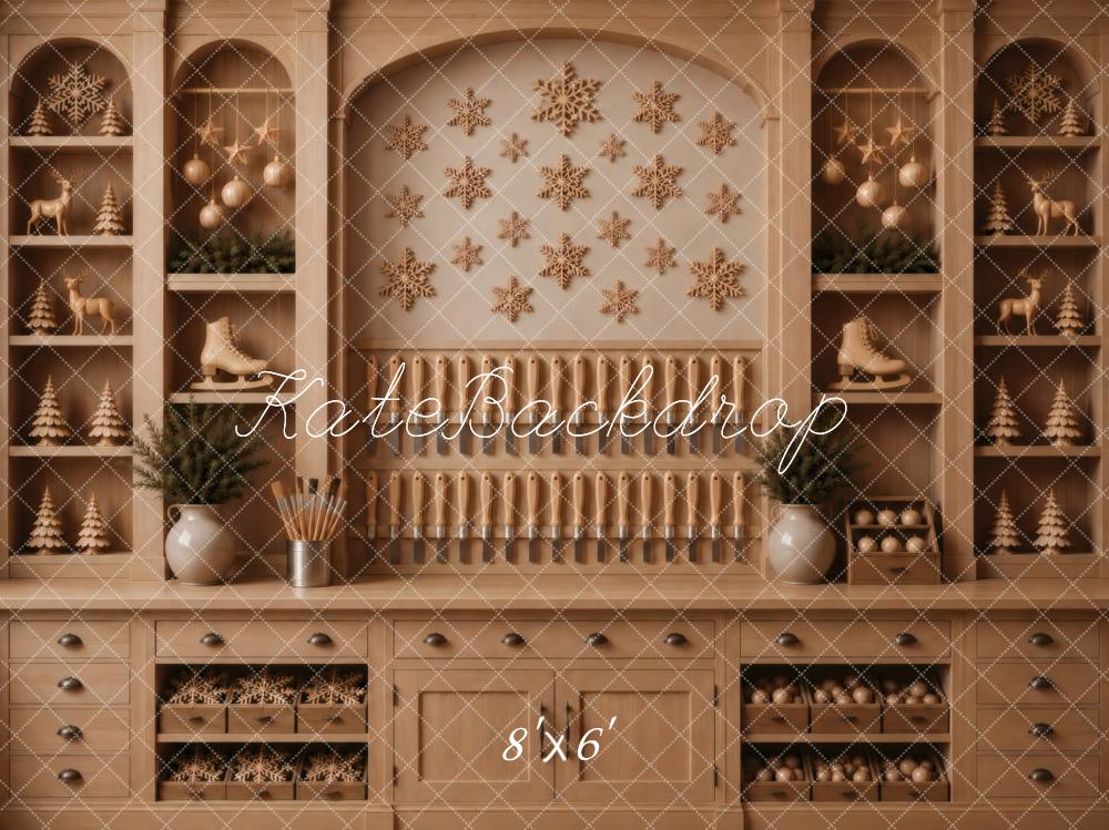 Kate Christmas Brown Cabinet Snowflakes Ornaments Trees Printed Backdrop Designed by Vertigo Productions