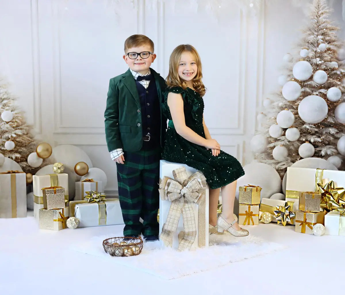Kate Christmas White Wall Feathers & Gold Backdrop Designed by Lidia Redekopp