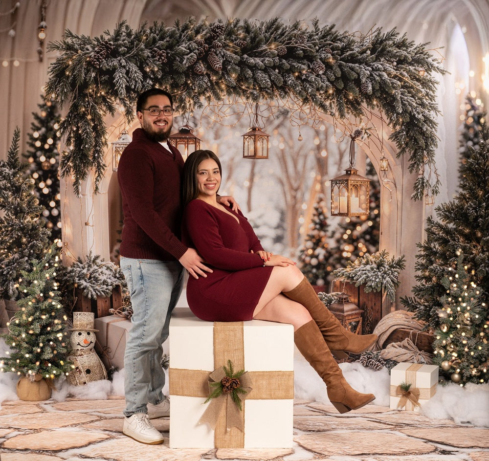 Kate Christmas Arch Garland Snow Trees Backdrop+Winter Cobblestone Snow Floor Backdrop