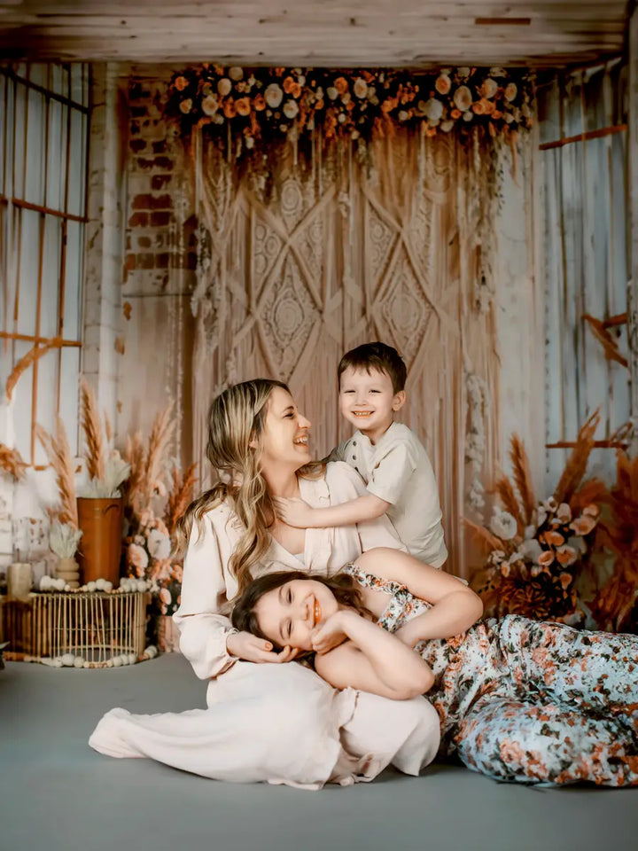 (🔥🔥20% Off Code:BOHO20)Kate Boho Floral Pampas Grass Macrame Curtain Printed Backdrop Designed by Emetselch