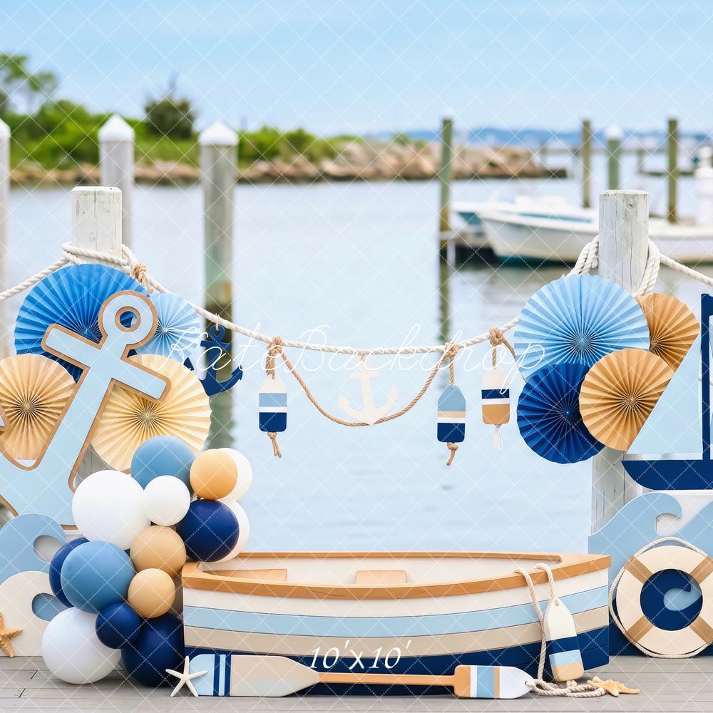 Kate Cake Smash Nautical Dock Boat Anchor Sailboat Blue Printed Backdrop Designed by Patty Roberts