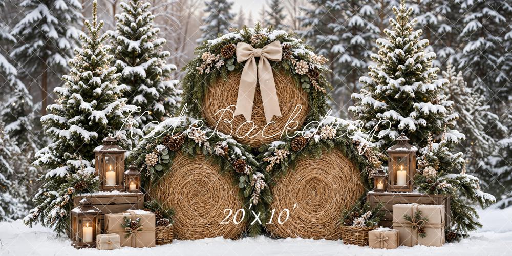 Kate Christmas Hay Bale Snowy Pine Trees Wreath Gift Lanterns Printed Backdrop Designed by Emetselch