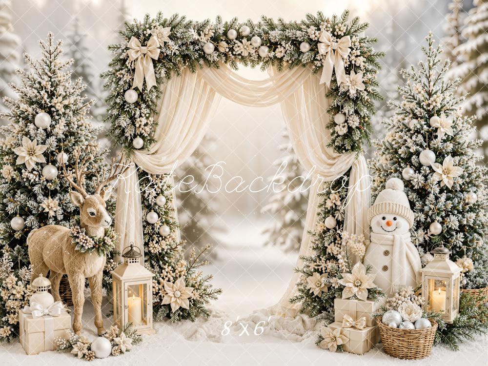 Kate Christmas Trees Floral Arch Reindeer Snowman Snowy Printed Backdrop Designed by Emetselch