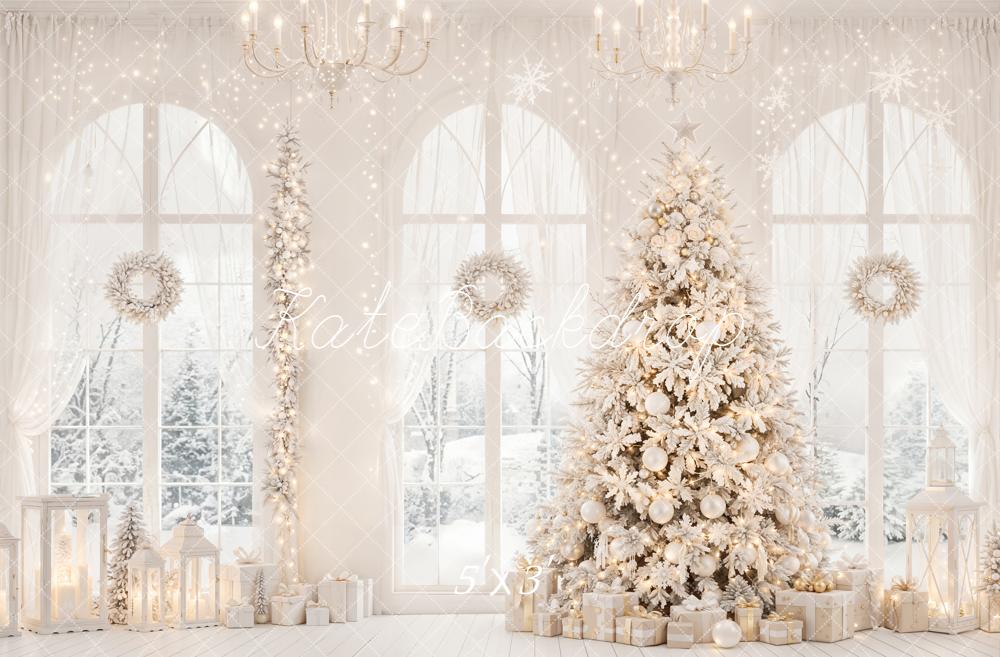 Kate White Christmas Tree Gifts Windows Wreath Lantern Printed Backdrop Designed by Emetselch