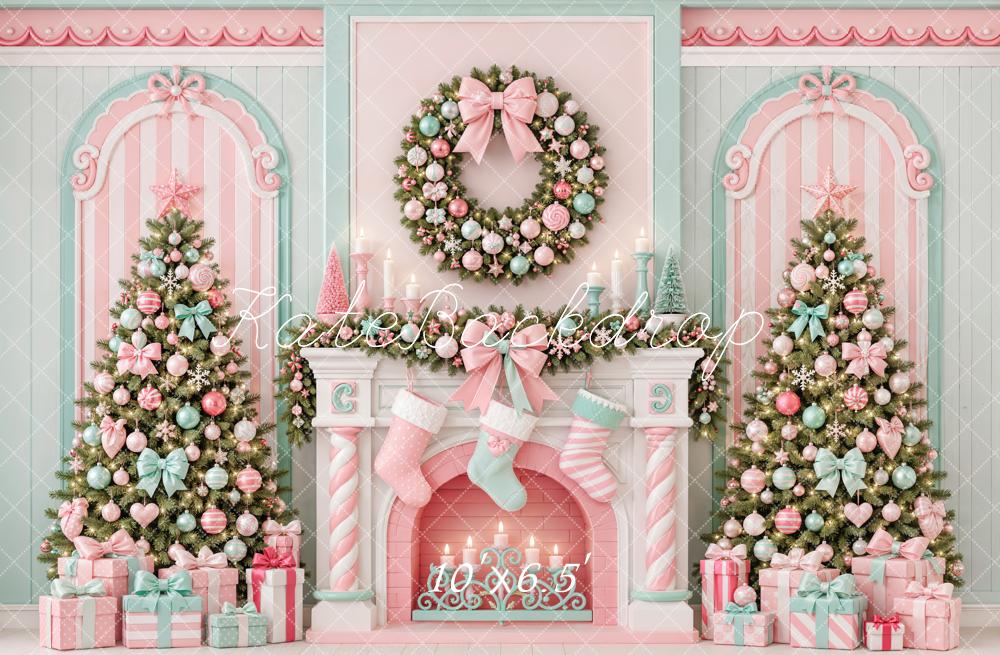Kate Christmas Pastel Candy Cane Fireplace Wreath Trees Printed Backdrop Designed by Emetselch