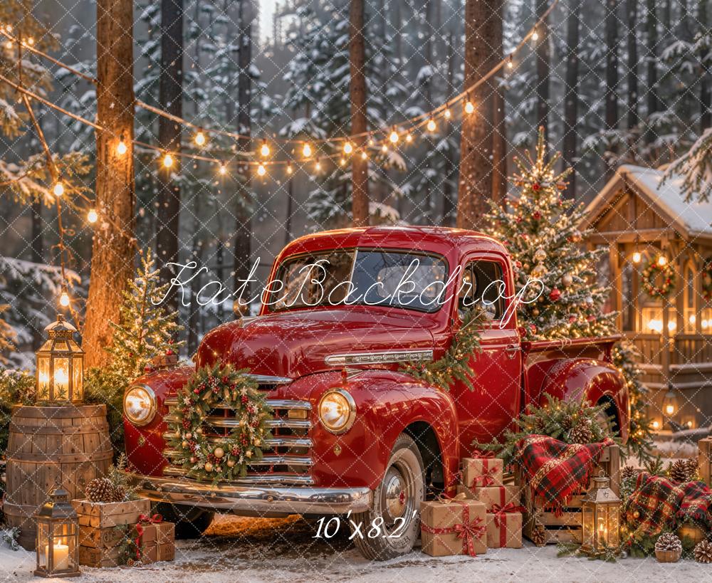 Lightning Deal Kate Christmas Truck Red Vintage Forest Lantern Gifts Cabin Printed Backdrop Designed by Emetselch
