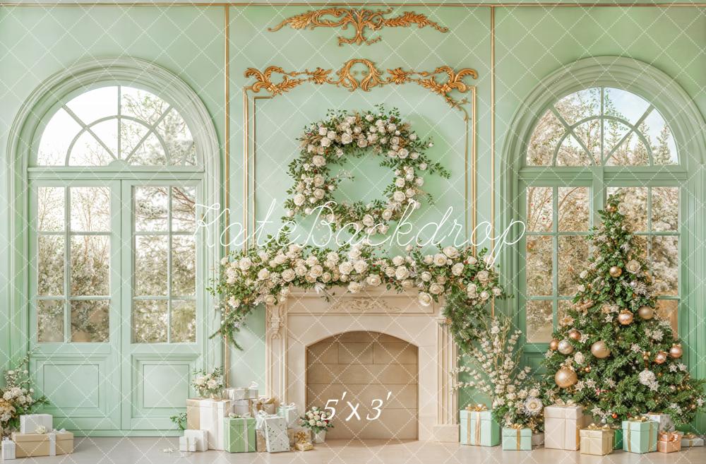 Kate Christmas Tree Floral Fireplace Green Window Backdrop Designed by Emetselch