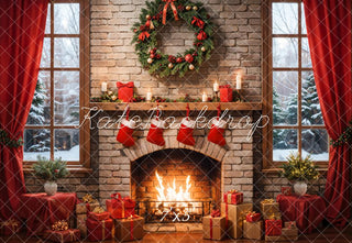 Kate Christmas Interior Red Curtain Retro Brick Fireplace Printed Backdrop Designed by Emetselch