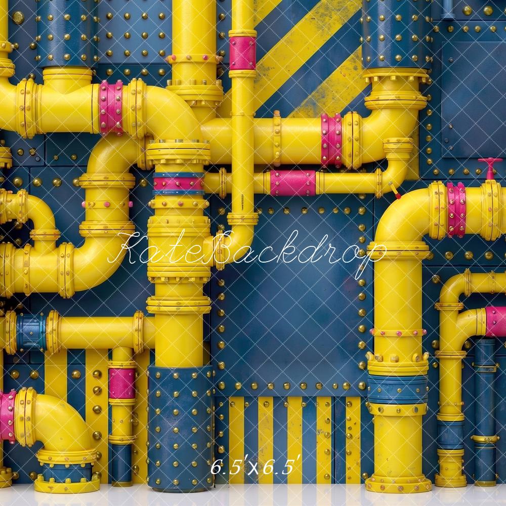 Kate Cartoon Movie Industrial Yellow Pipes Blue Riveted Wall Printed Backdrop Designed by Angela Miller