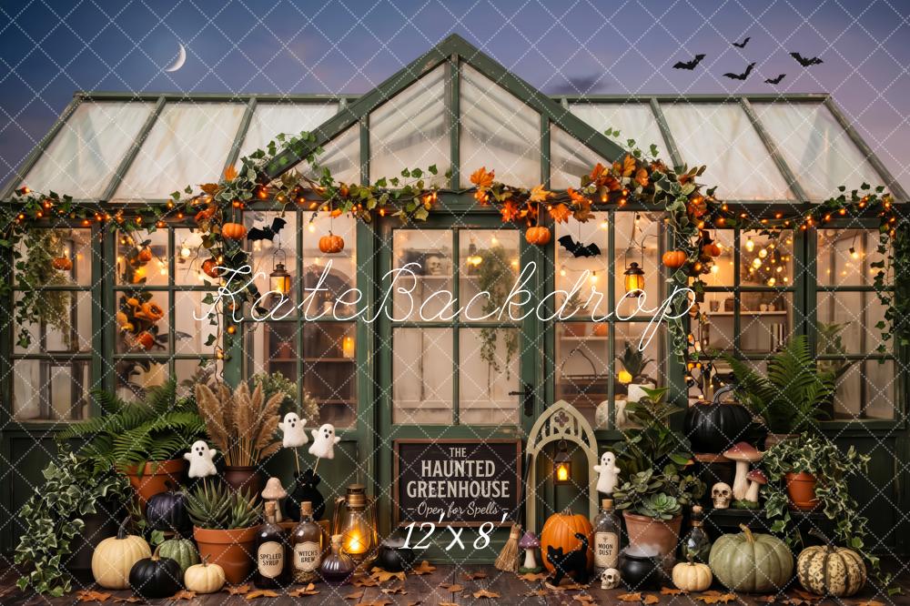Kate Halloween Haunted Greenhouse Pumpkins Leaves Printed Backdrop Designed by Patty Roberts