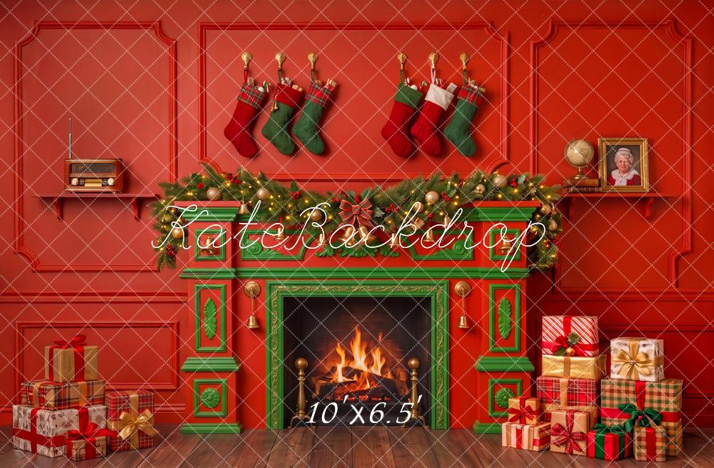 Kate Christmas Red Fireplace Stockings Presents Printed Backdrop Designed by Angela Miller