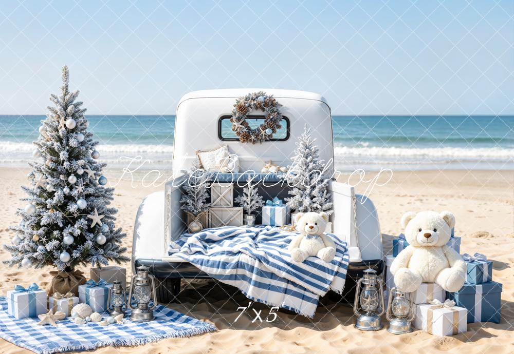 Kate Christmas Beach Truck Teddy Bears Gifts Printed Backdrop Designed by Emetselch