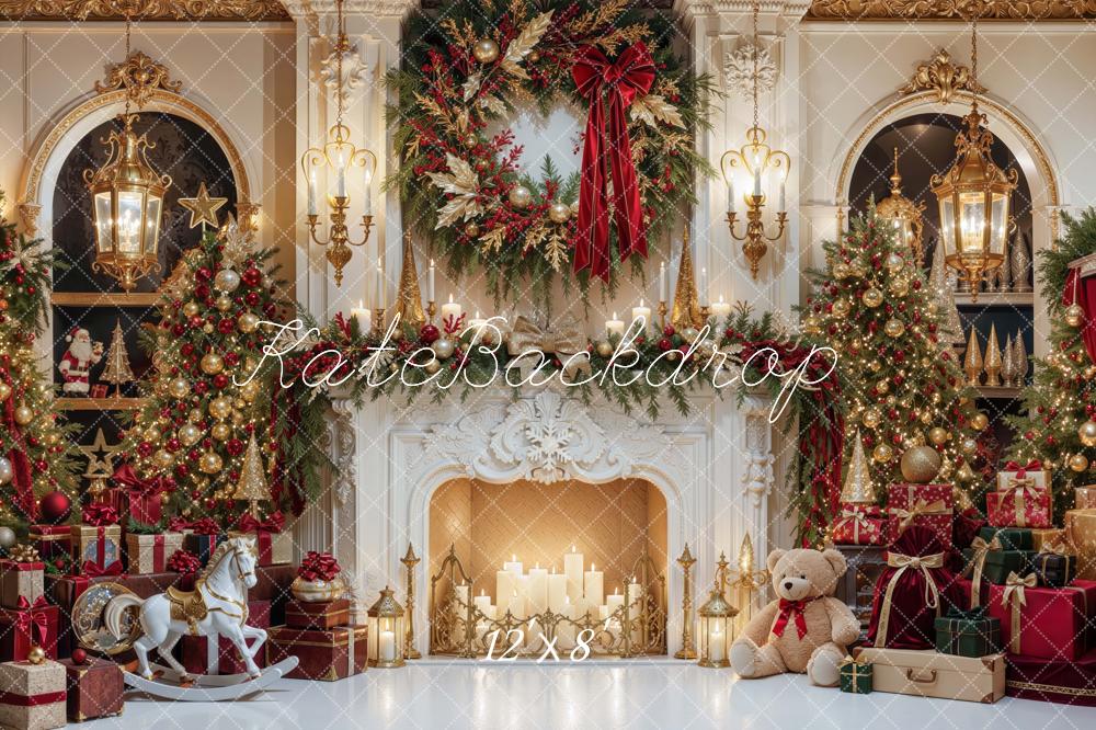 Kate Christmas Fireplace Luxury Trees Wreath Gifts Printed Backdrop Designed by Mini MakeBelieve